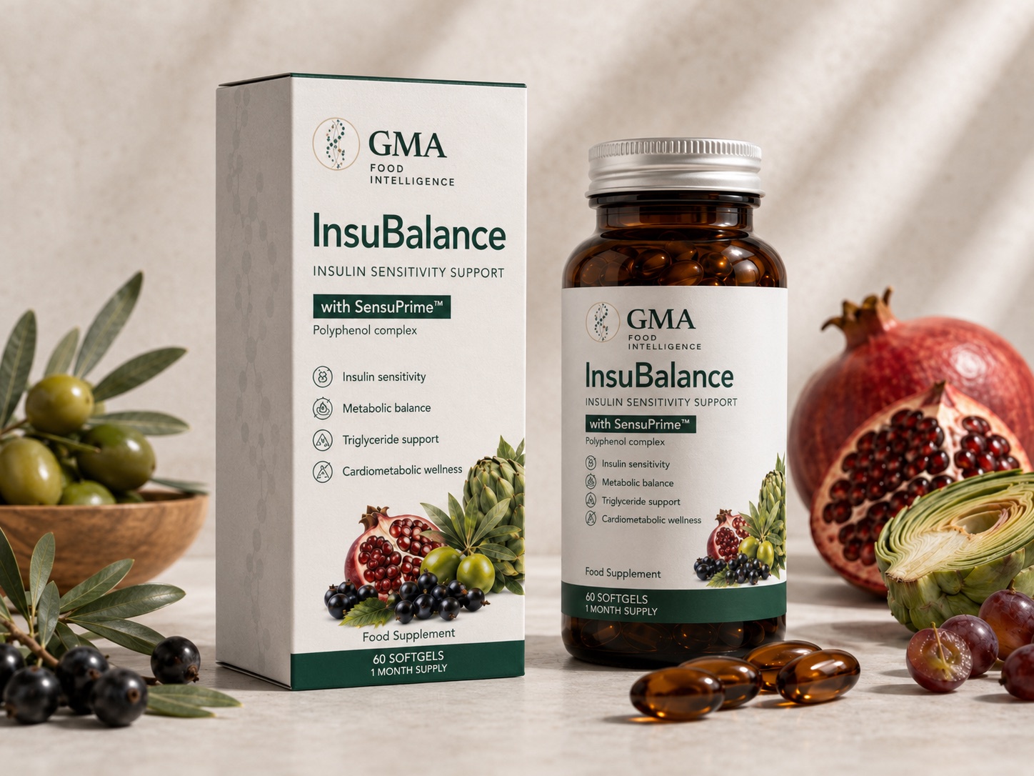 InsuBalance demonstration concept with softgel bottle, packaging, olives, pomegranate, berries, grapes and artichoke