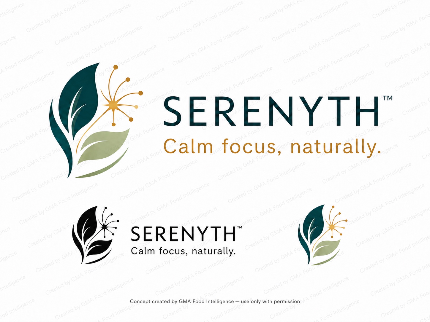 Tavola concettuale Serenyth con logo principale, variante monocromatica, simbolo e payoff Calm focus, naturally