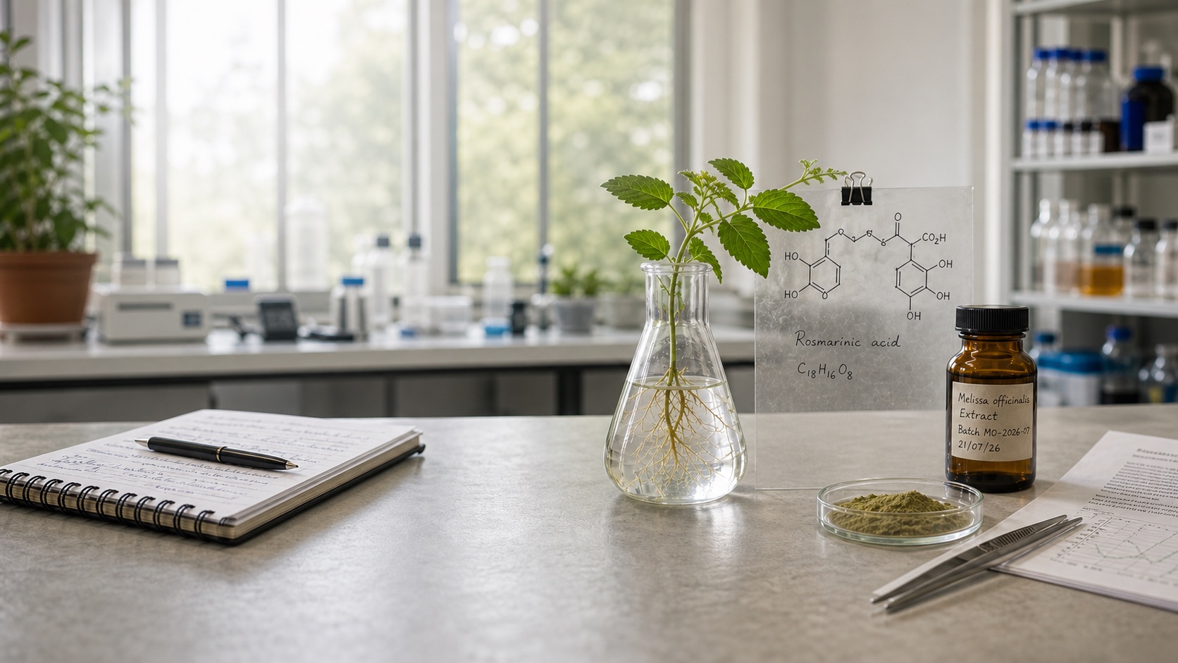 Research laboratory with botanical ingredients and analytical equipment