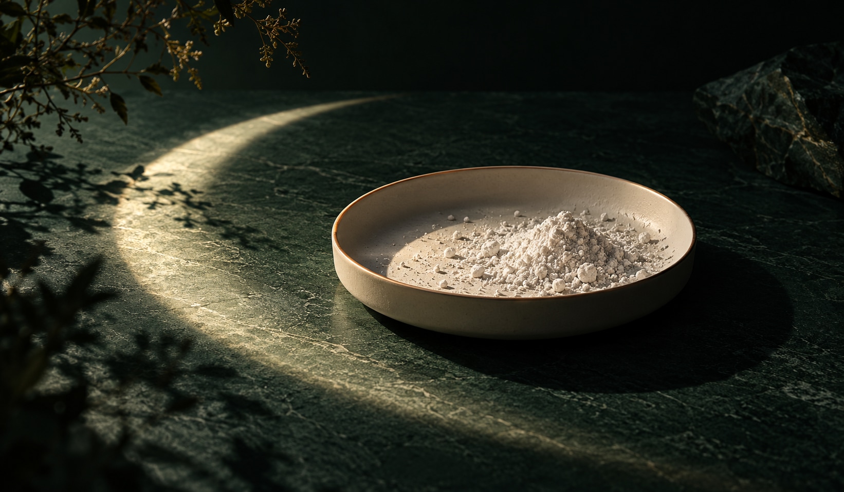 Natura morta concettuale notturna con polvere minerale e una falce di luce.